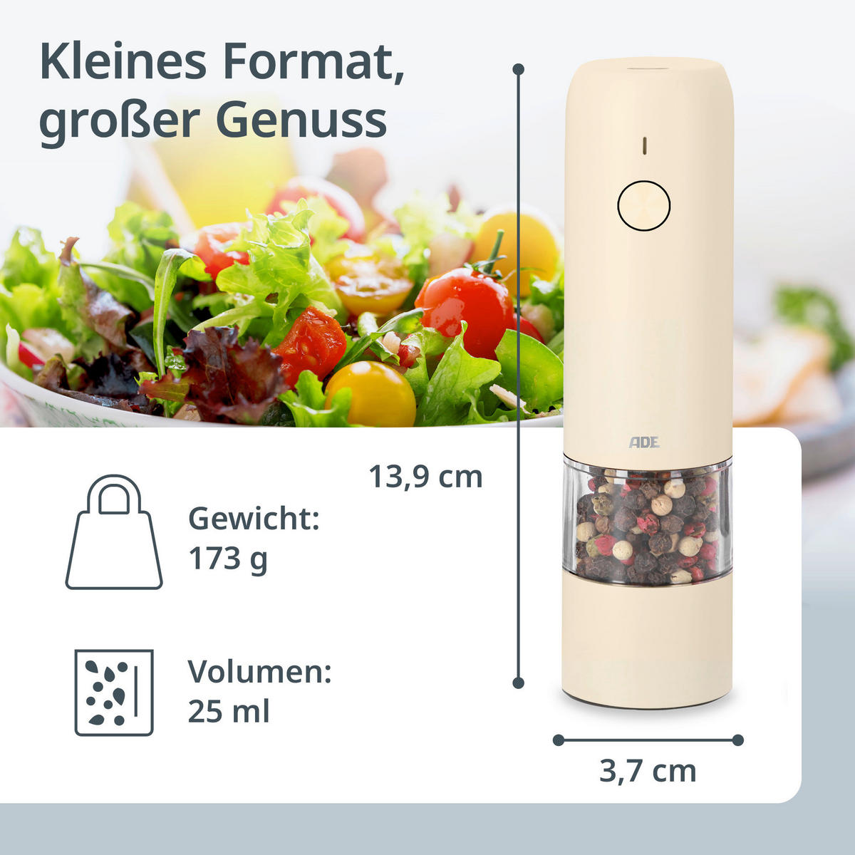 ELEKTR. SALZ-/PFEFFERMÜHLE  - Creme, Basics, Kunststoff/Metall (3,8/3,8/14cm) - ADE