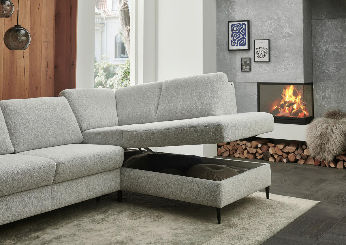 ECKSOFA Webstoff Ecru  - Ecru/Schwarz, Konventionell, Textil/Metall (277/201cm) - Dieter Knoll
