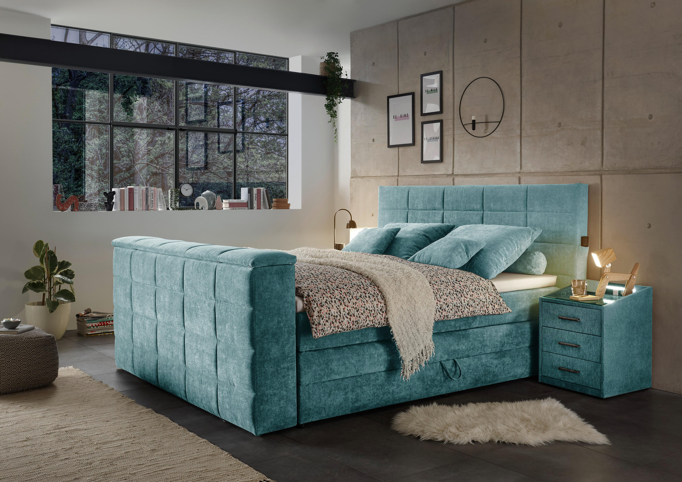 BOXSPRING-ÁGY 180/200 cm  olajkék  - olajkék, Konventionell, textil (180/200cm) - Carryhome