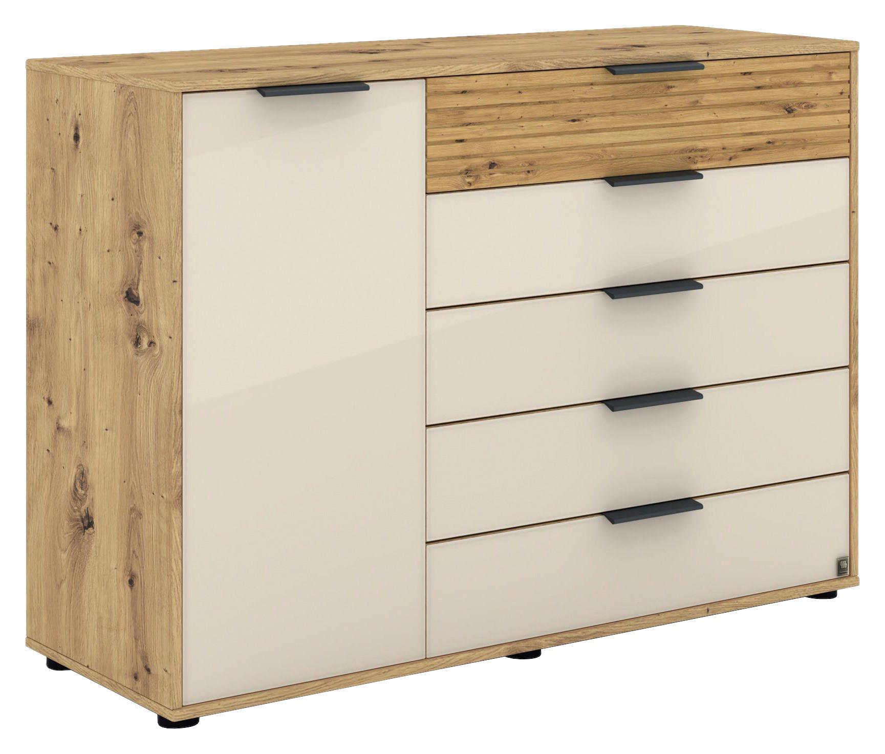 KOMMODE , 120/86/43 cm, 5 Schublade(n)  - Schieferfarben/Eiche Bianco, Design, Glas/Holzwerkstoff (120/86/43cm) - Musterring