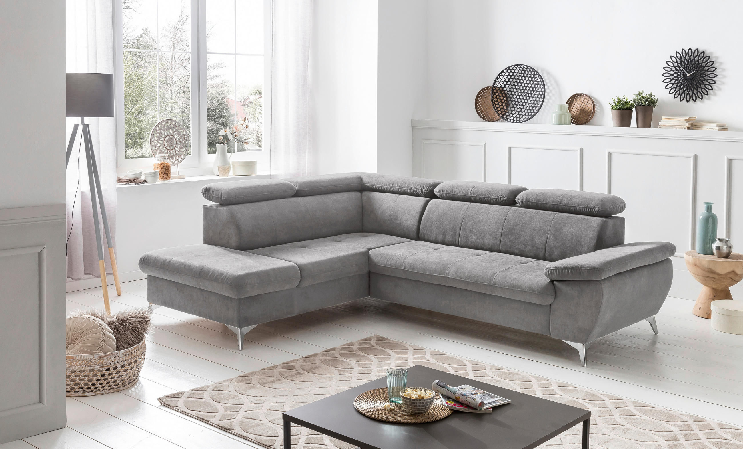 ECKSOFA Grau Mikrofaser  - Chromfarben/Grau, KONVENTIONELL, Textil/Metall (209/256cm) - Livetastic