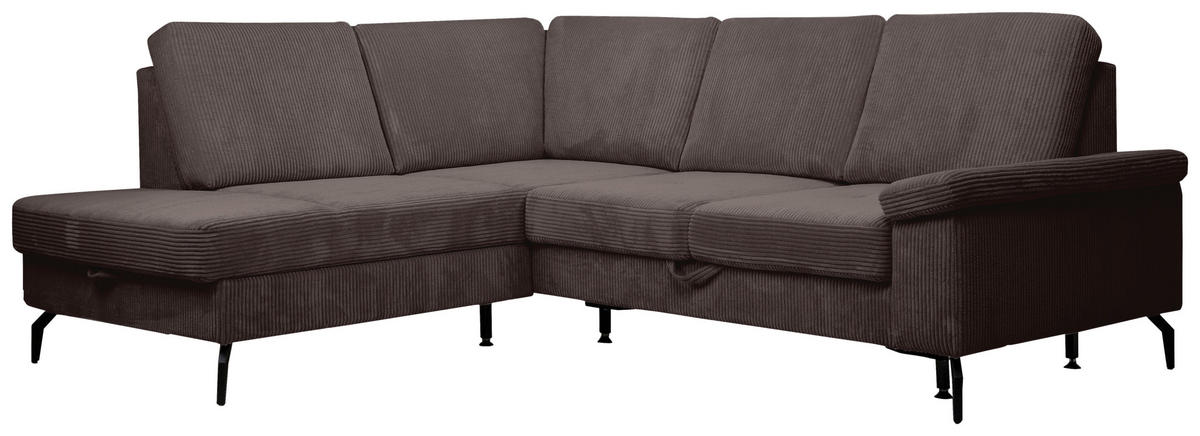 ECKSOFA Dunkelbraun Velours Bettkasten, Sitzvorzug  - Dunkelbraun/Schwarz, KONVENTIONELL, Textil/Metall (206/253cm) - Venda