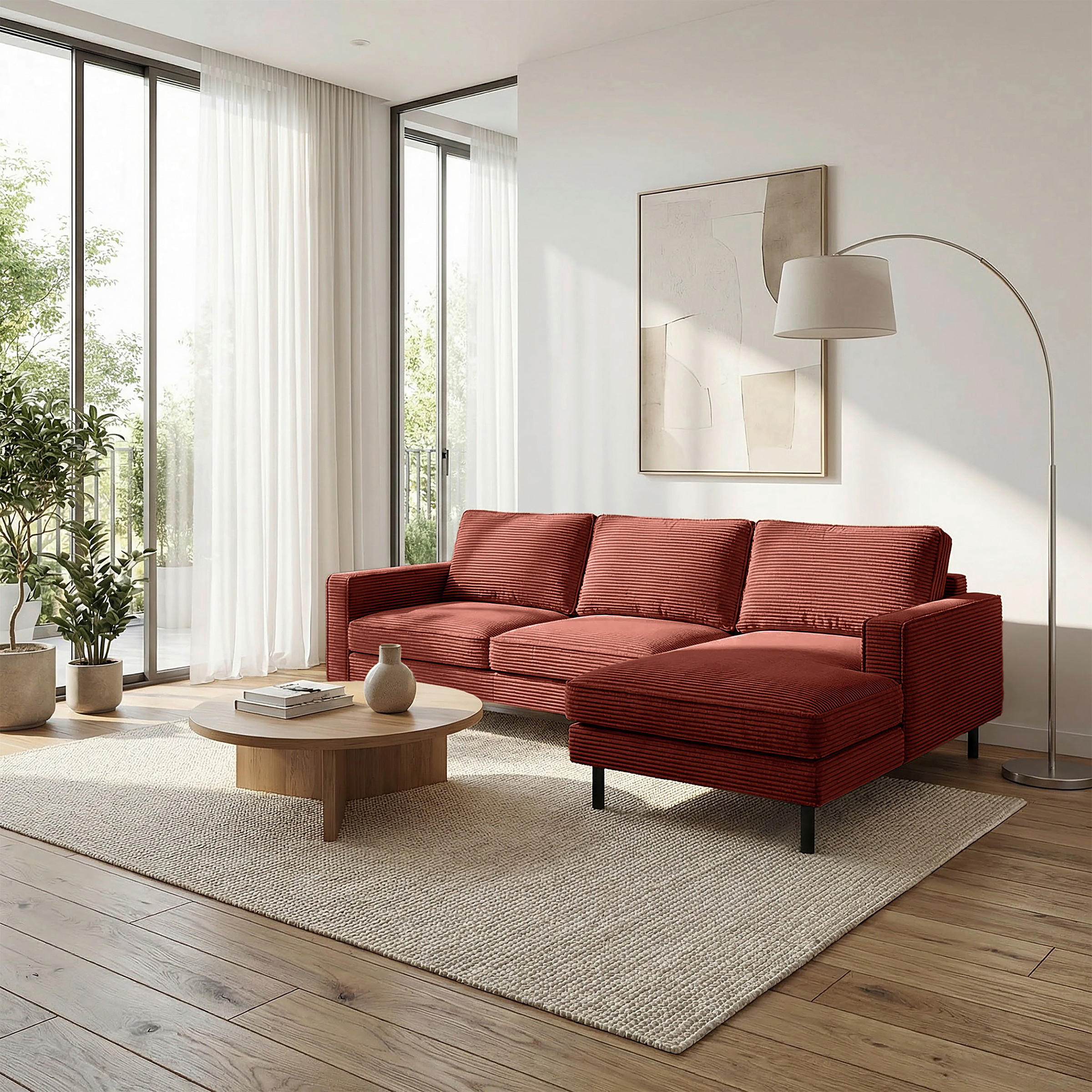 ECKSOFA  in Cord Rot Rücken echt  238/166 cm  - Rot/Schwarz, Design, Textil/Metall (238/166cm) - Livetastic