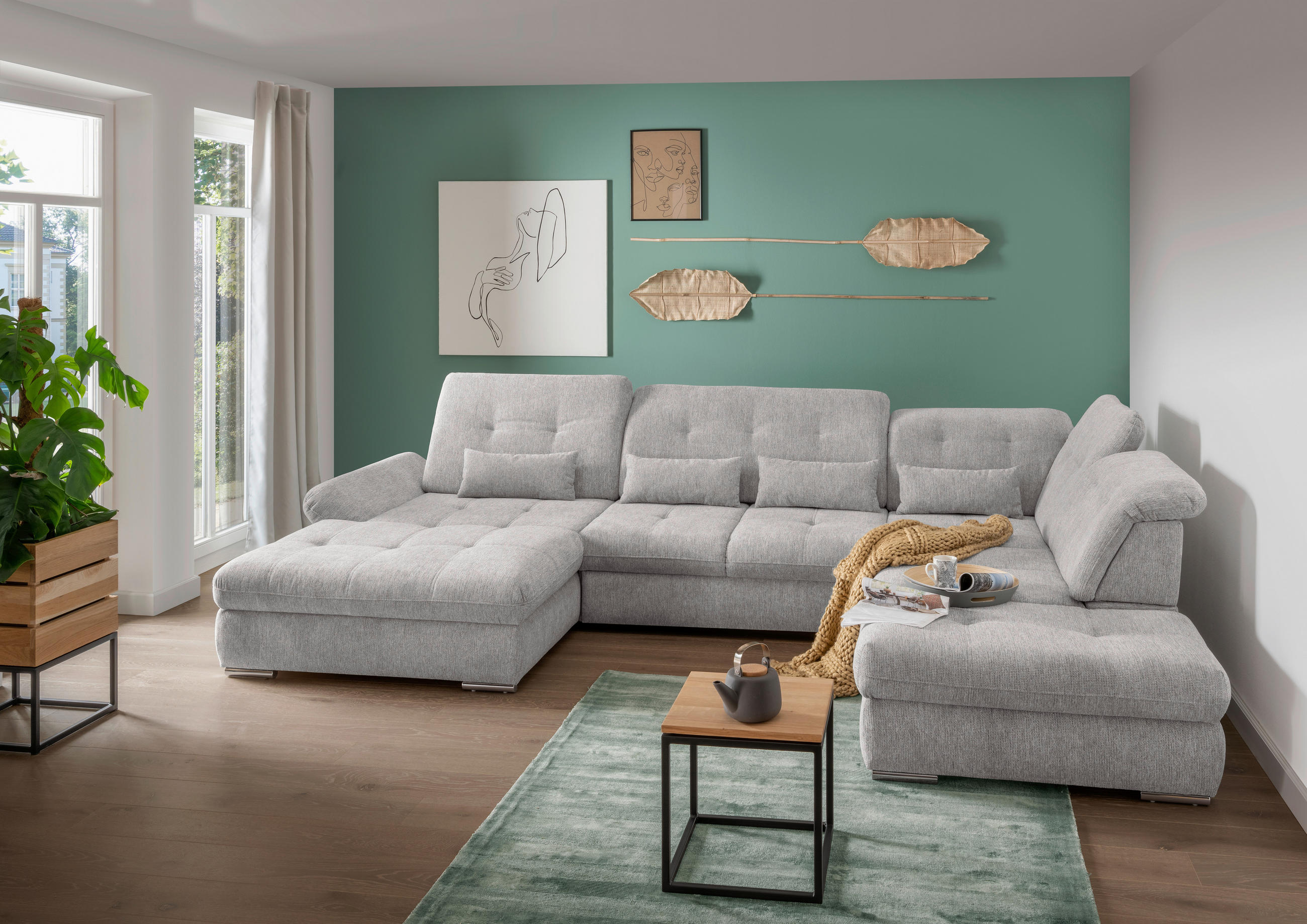 WOHNLANDSCHAFT in Chenille Grau - Chromfarben/Grau, Design, Textil/Metall (195/376/254cm) - Livetastic