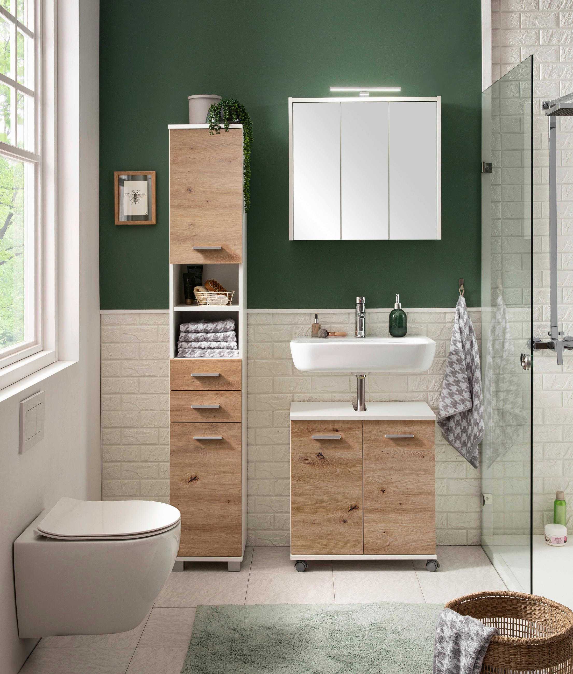 Thumbnail - Stylife Hochschrank Palermo, Weiß, Eiche Artisan, Metall, 2 Fächer, 2 Schublade(n) Schubladen, einzeln stellbar, 60x181x...