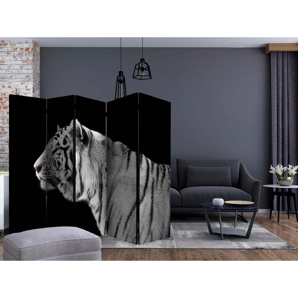 Thumbnail - artgeist Paravent, Schwarz, Weiß, Holz, Textil, Kiefer, massiv, Tiger, 225x172x3 cm, Motiv auf Vorder- und Rückseite, Wo...