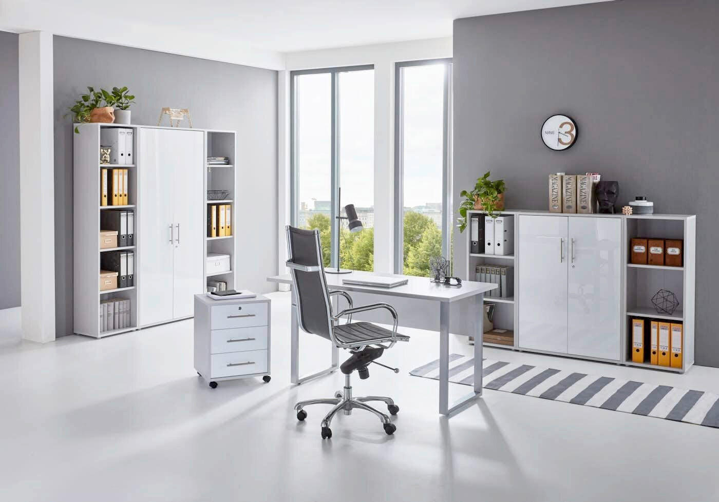 BÜRO erweiterbar, abschließbar Grau, Weiß Hochglanz - Weiß Hochglanz/Grau, MODERN, Holzwerkstoff/Metall - MID.YOU