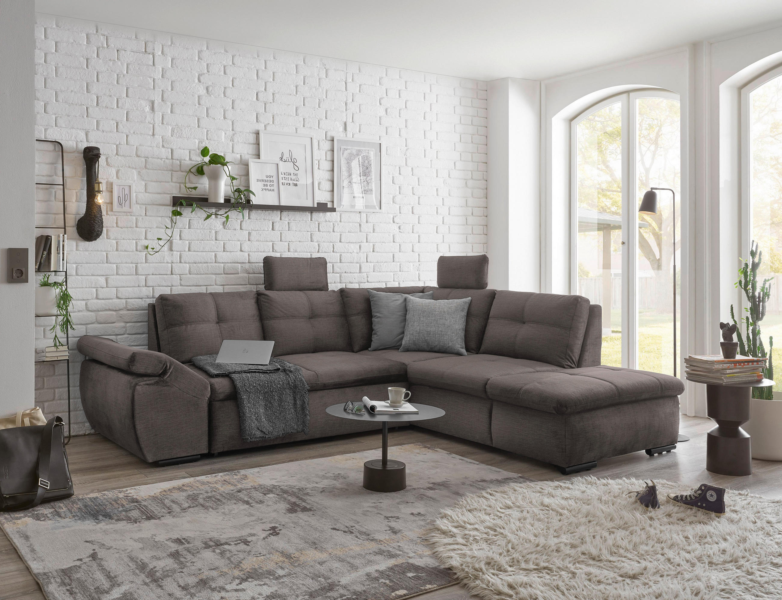 ECKSOFA in Mikrovelours Graubraun  - Graubraun/Schwarz, Konventionell, Kunststoff/Textil (265/217cm) - Carryhome
