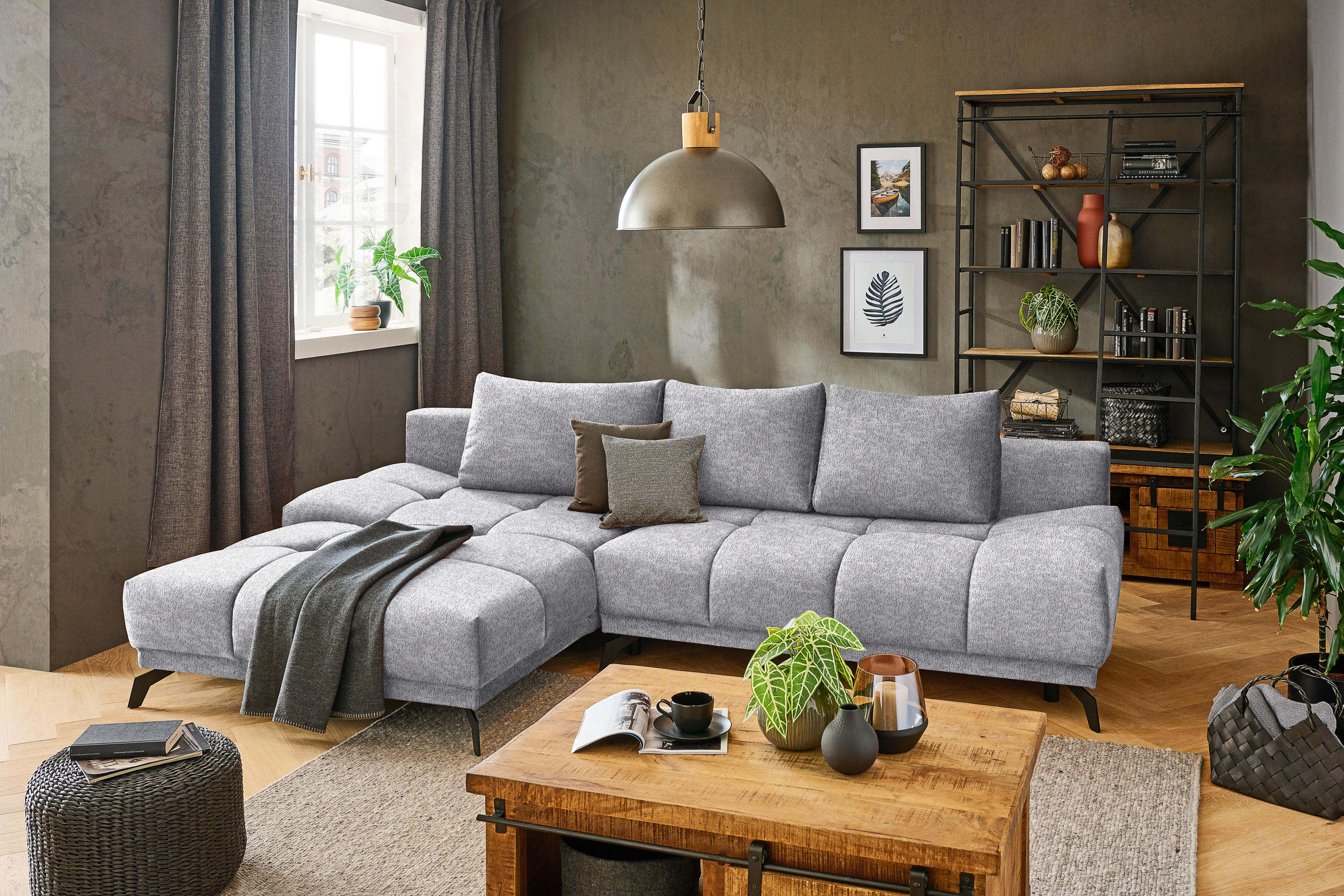 ECKSOFA in Chenille Grau  - Schwarz/Grau, MODERN, Textil/Metall (182/290cm) - Hom`in