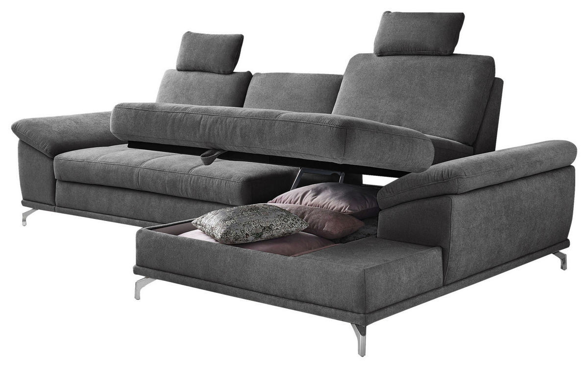 ECKSOFA Grau Flachgewebe Bettkasten, Schlaffunktion, Sitztiefenverstellung, Kopfstütze, Liegefläche im Originalstoff  - Silberfarben/Grau, KONVENTIONELL, Textil/Metall (301/176cm) - Sit & More