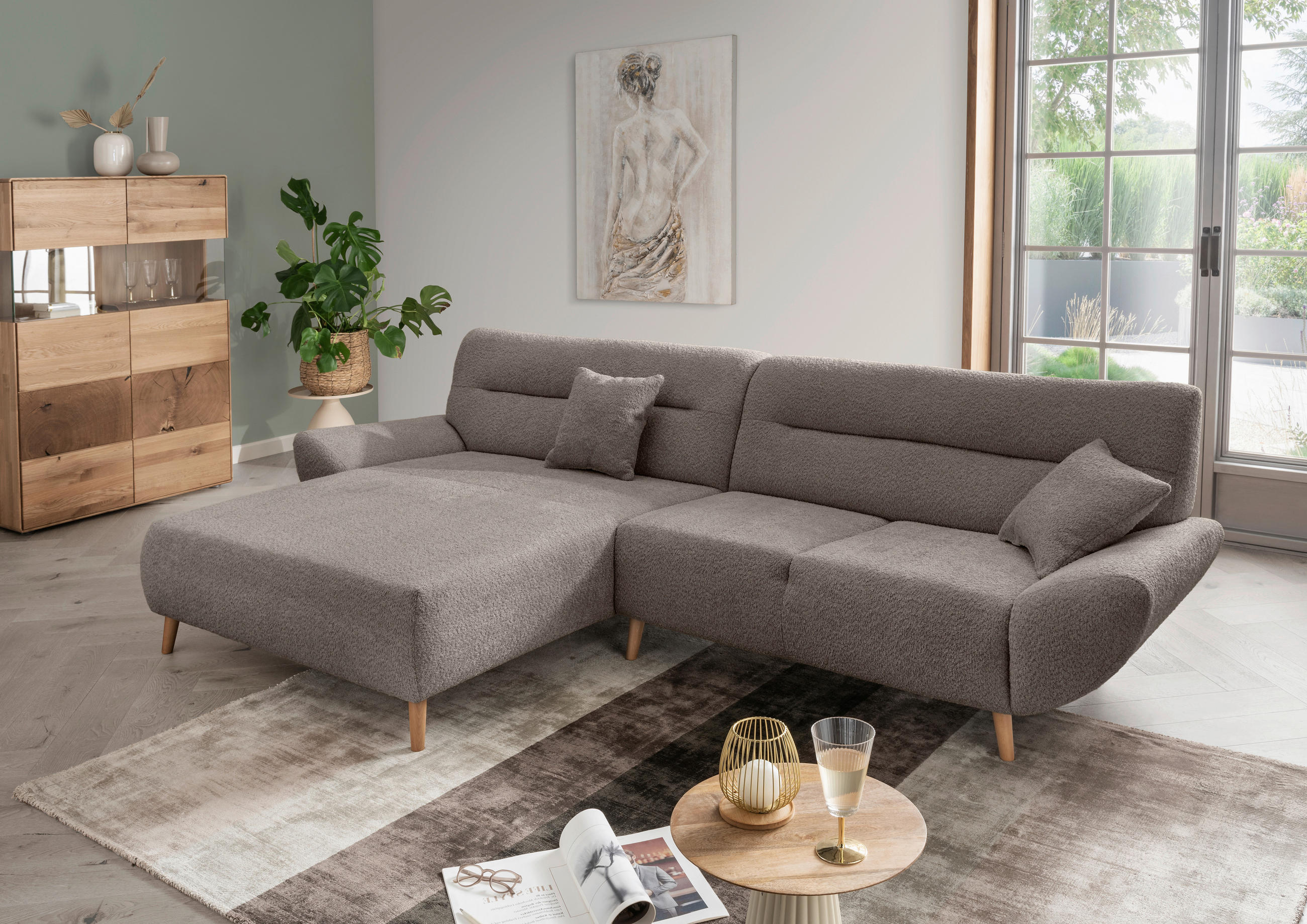 ECKSOFA in Bouclé Taupe   - Taupe/Wildeiche, KONVENTIONELL, Holz/Textil (166cm) - MID.YOU