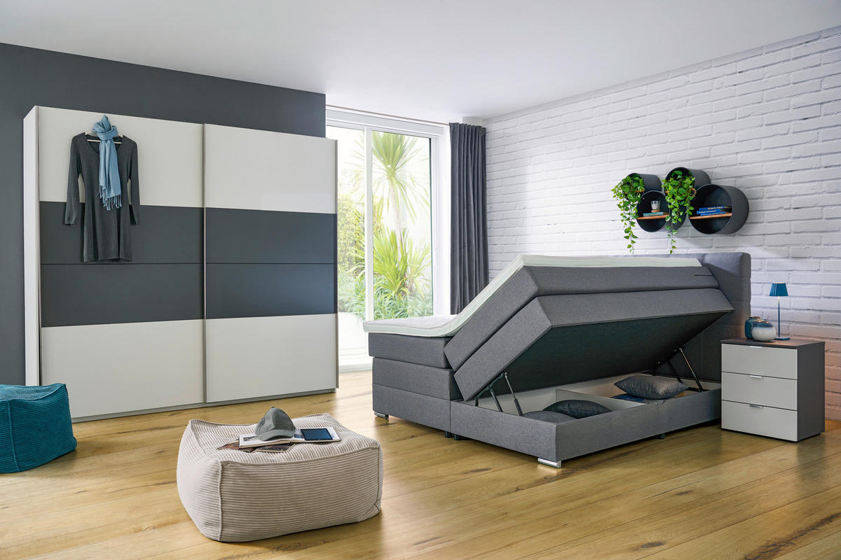 BOXSPRINGBETT 180/200 cm,  in Grau, Matratze, Bettkasten, Topper, H3 = fest  - Silberfarben/Schwarz, KONVENTIONELL, Holz/Holzwerkstoff (180/200cm) - Moderano