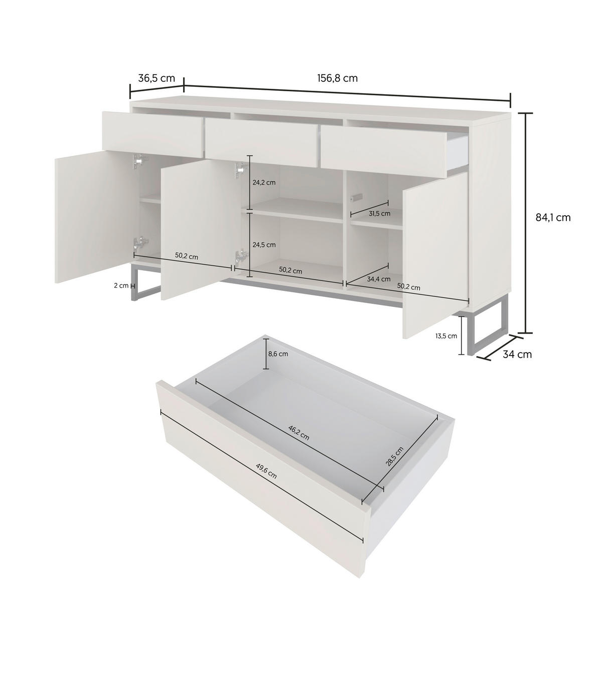 SIDEBOARD Alto 156,8/84,1/36,5 cm 3 Schublade(n)  - Kaschmir/Schwarz, Design, Holzwerkstoff/Metall (156,8/84,1/36,5cm) - MID.YOU