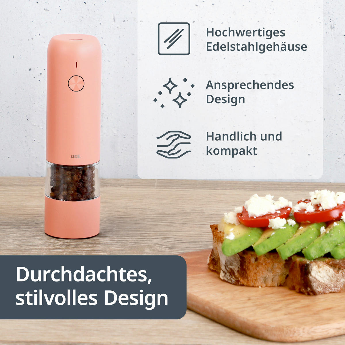 ELEKTR. SALZ-/PFEFFERMÜHLE  - Koralle, Basics, Kunststoff/Metall (3,8/3,8/14cm) - ADE