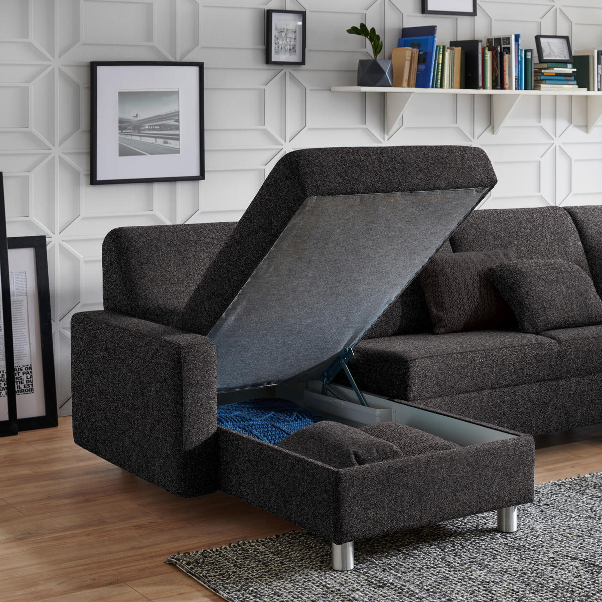 WOHNLANDSCHAFT in Chenille Dunkelbraun  - Dunkelbraun/Alufarben, KONVENTIONELL, Kunststoff/Textil (158/322/236cm) - Sedda
