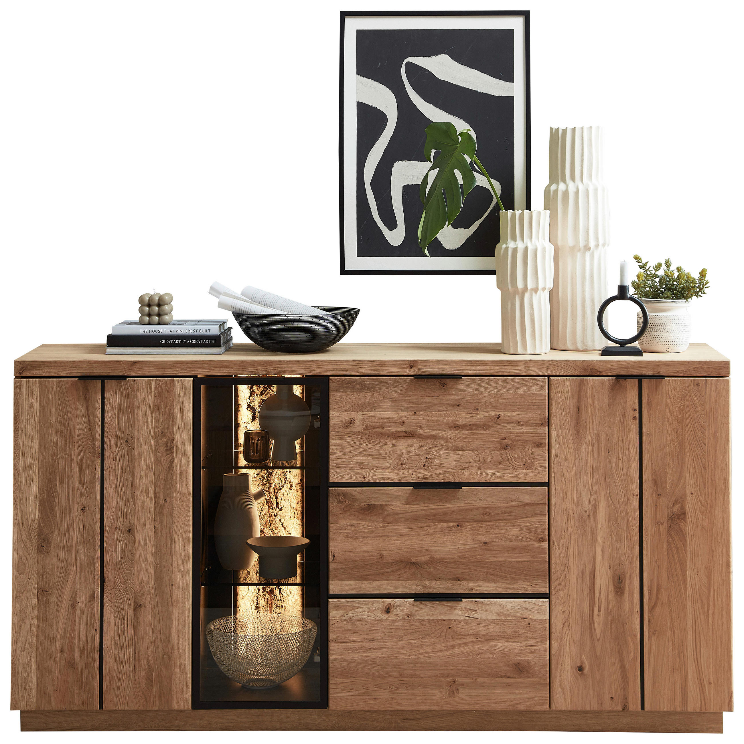 SIDEBOARD 180/93/48 cm Schwarz, Wildeiche  180/93/48 cm  - Wildeiche/Schwarz, Natur, Glas/Holz (180/93/48cm) - Linea Natura