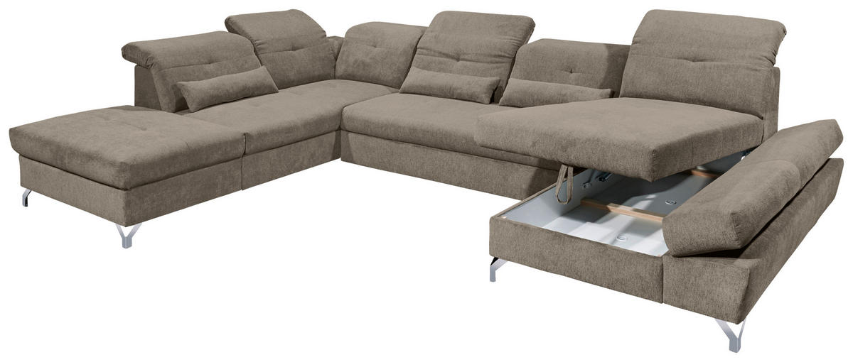 WOHNLANDSCHAFT in Mikrovelours Graubraun  - Graubraun/Silberfarben, Modern, Textil/Metall (245/350/168cm) - MID.YOU