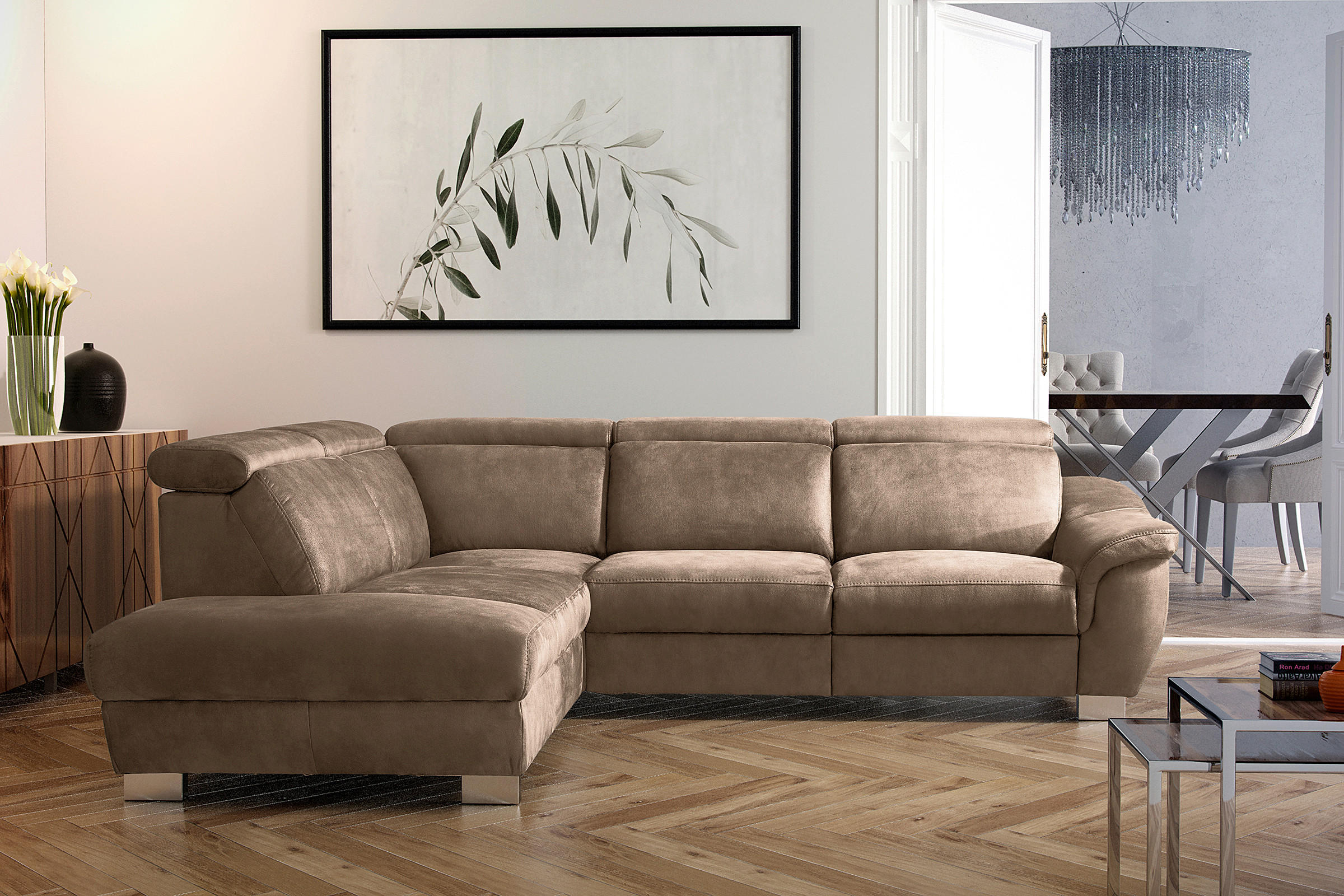 ECKSOFA Braun Mikrofaser Rücken echt, Relaxfunktion, Kopfteilverstellung  - Chromfarben/Braun, Design, Textil/Metall (276/238cm) - Livetastic