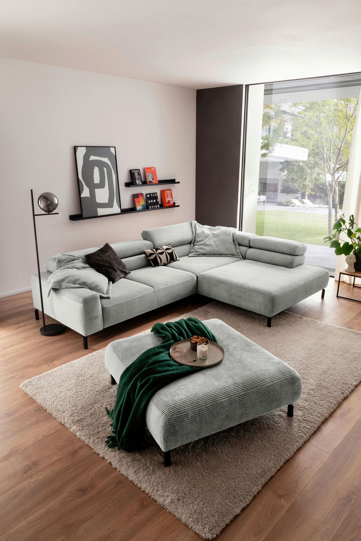 ECKSOFA inkl. Funktion in Cord Grau  - Schwarz/Grau, Modern, Textil/Metall (309/219cm) - Pure Home Lifestyle