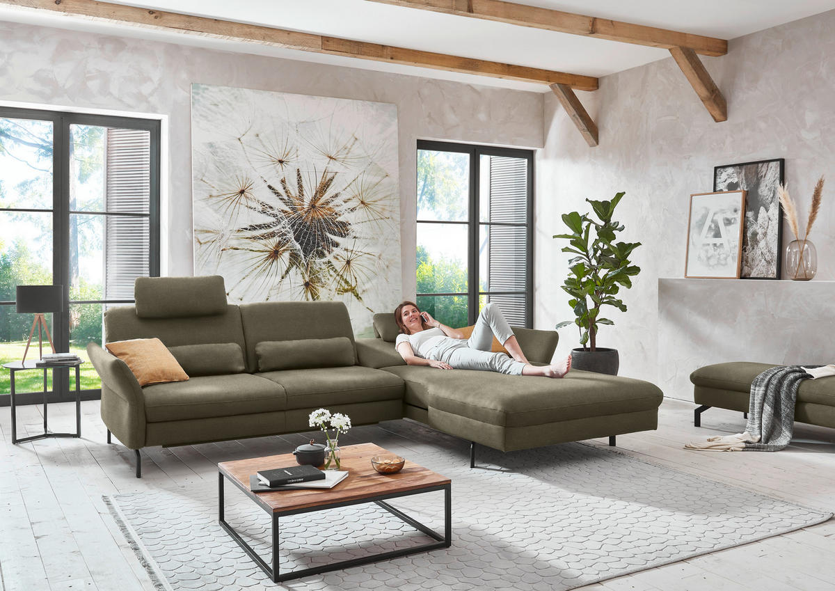 ECKSOFA in Velours Olivgrün  - Schwarz/Olivgrün, Design, Textil/Metall (306/179cm) - Beldomo System