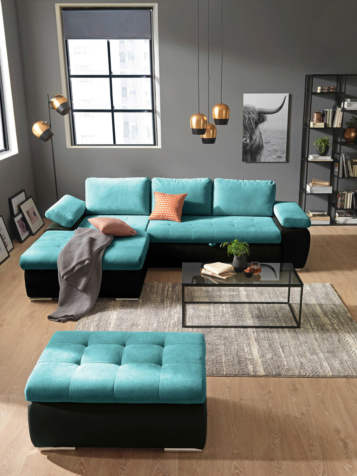 ECKSOFA in Flachgewebe Schwarz, Türkis  - Türkis/Schwarz, Design, Kunststoff/Textil (175/271cm) - MID.YOU