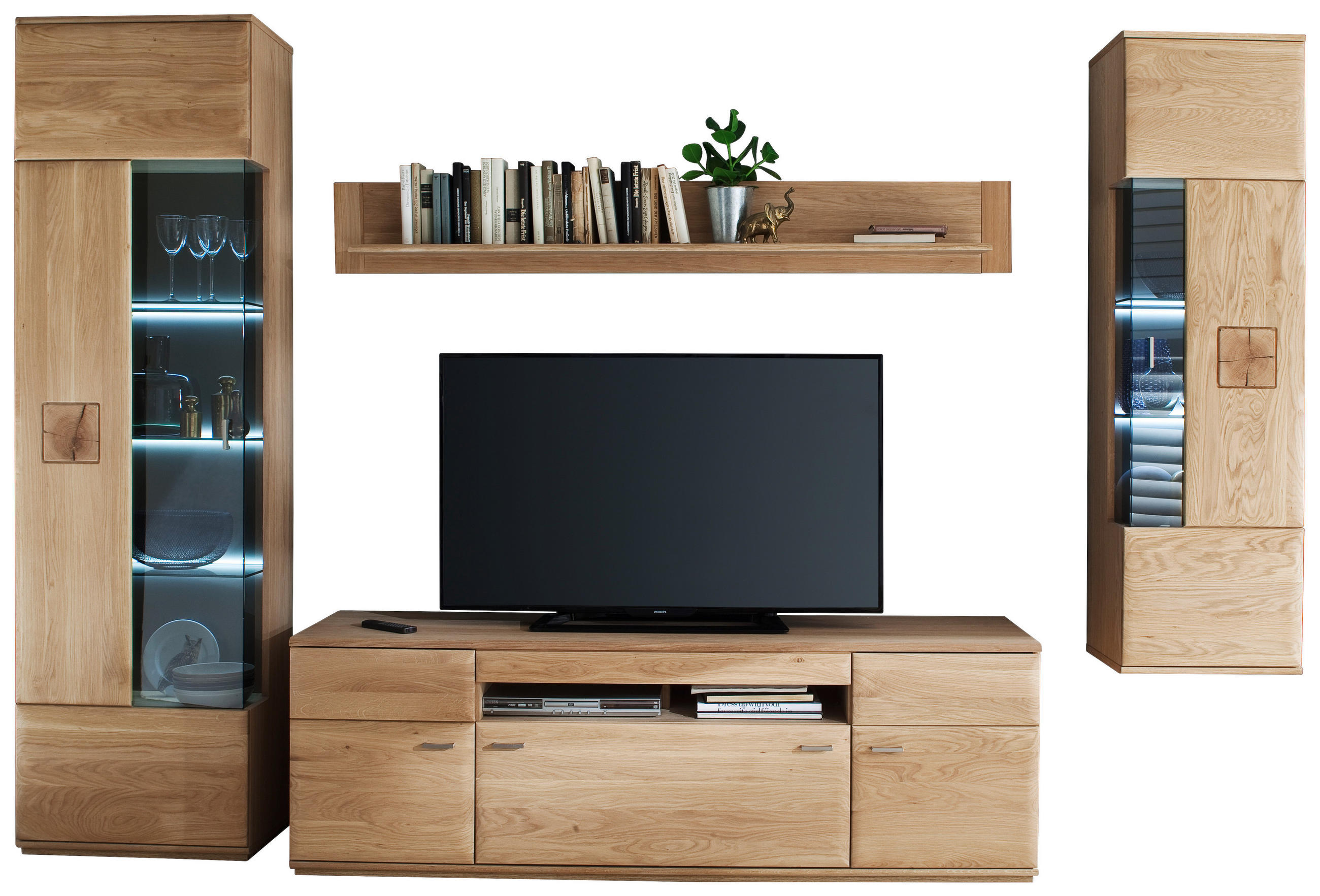 WOHNWAND ohne Beleuchtung,  in  305/208/50 cm  - Eichefarben/Nickelfarben, Design, Glas/Holz (305/208/50cm) - Livetastic