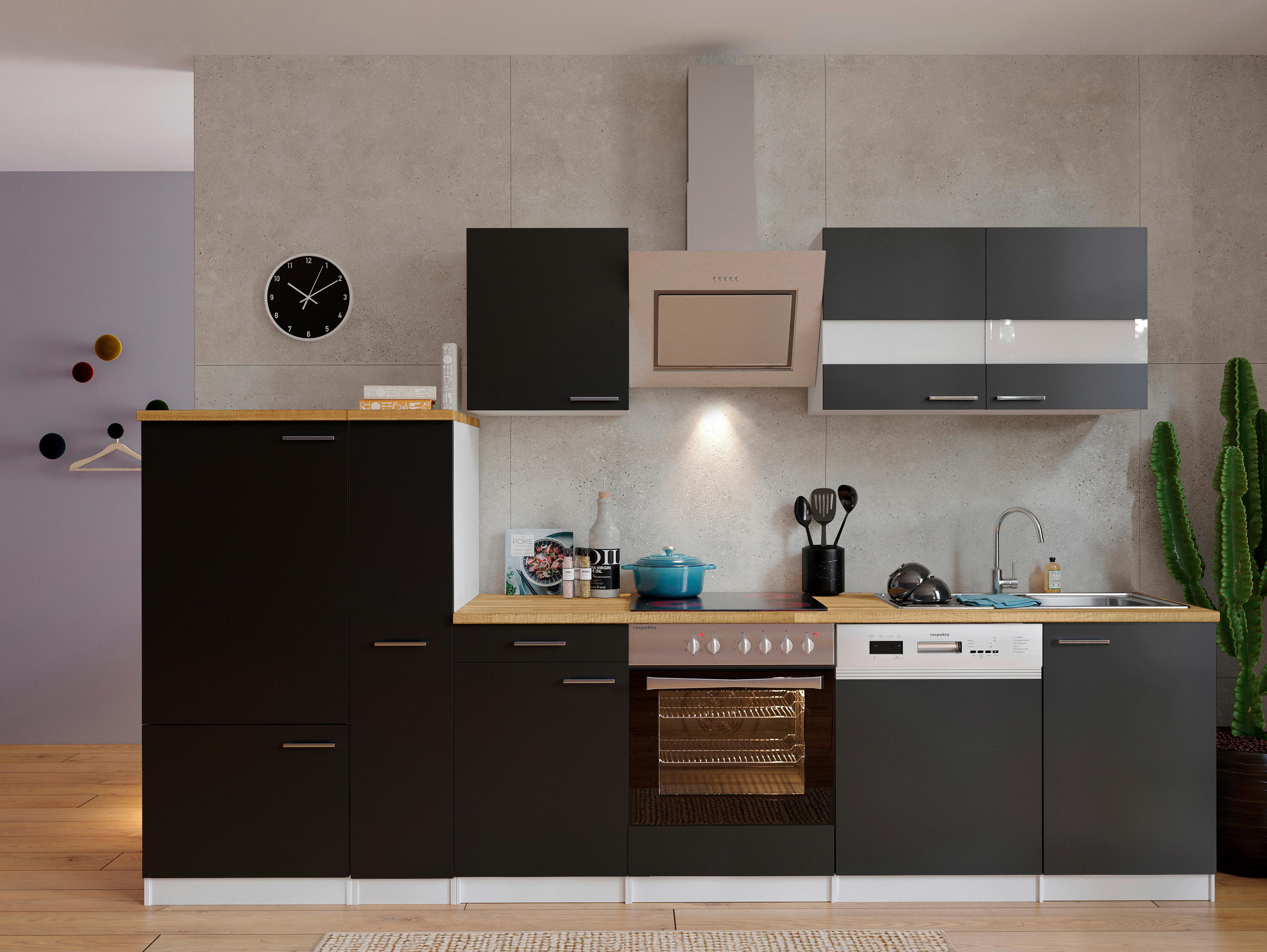 KÜCHENBLOCK 310 cm   in Schwarz  - Edelstahlfarben/Nussbaumfarben, Basics, Holzwerkstoff/Metall (310cm) - Respekta