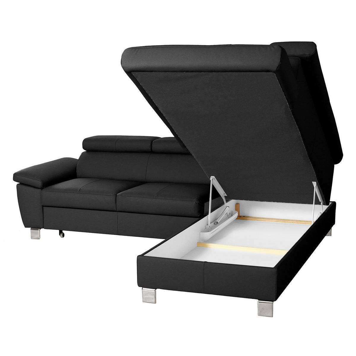 ECKSOFA Schwarz Echtleder Lederlook  - Chromfarben/Schwarz, Design, Leder/Textil (248/208cm) - Livetastic