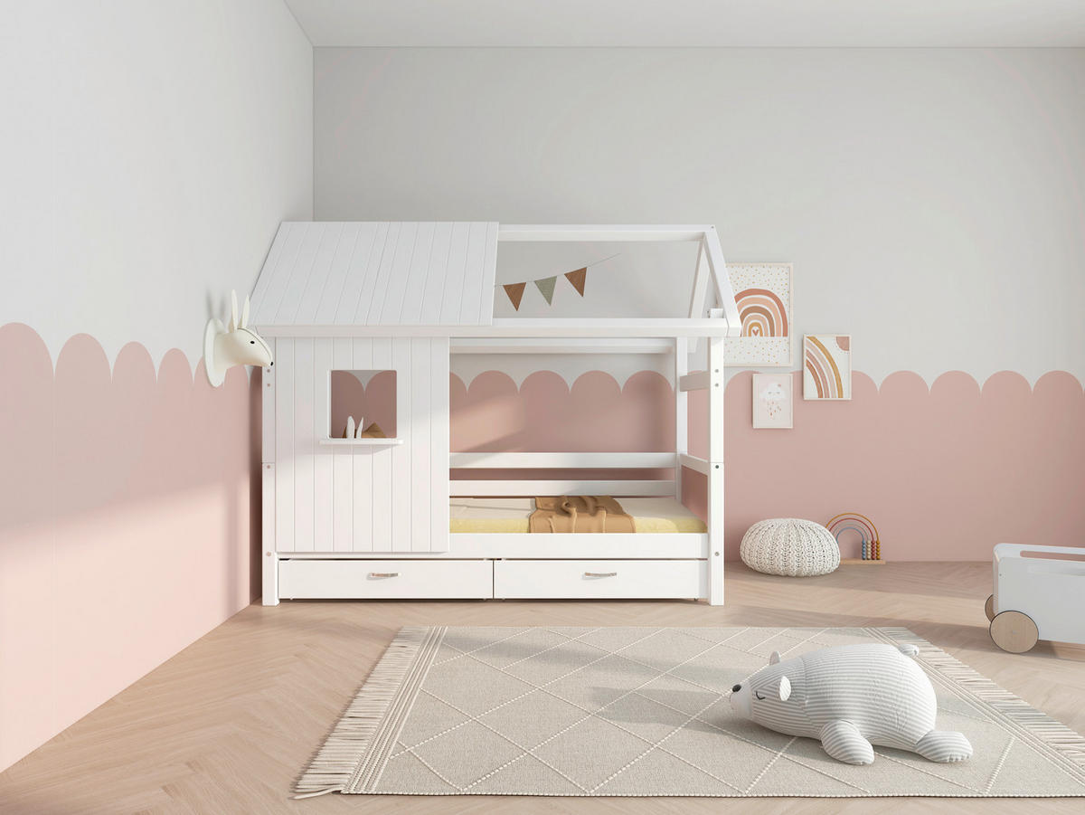 HAUSBETT 90/200 cm,  in Rosa, Weiß, Rollrost, Bettschublade  - Rosa/Weiß, MODERN, Holz (90/200cm) - Chameo