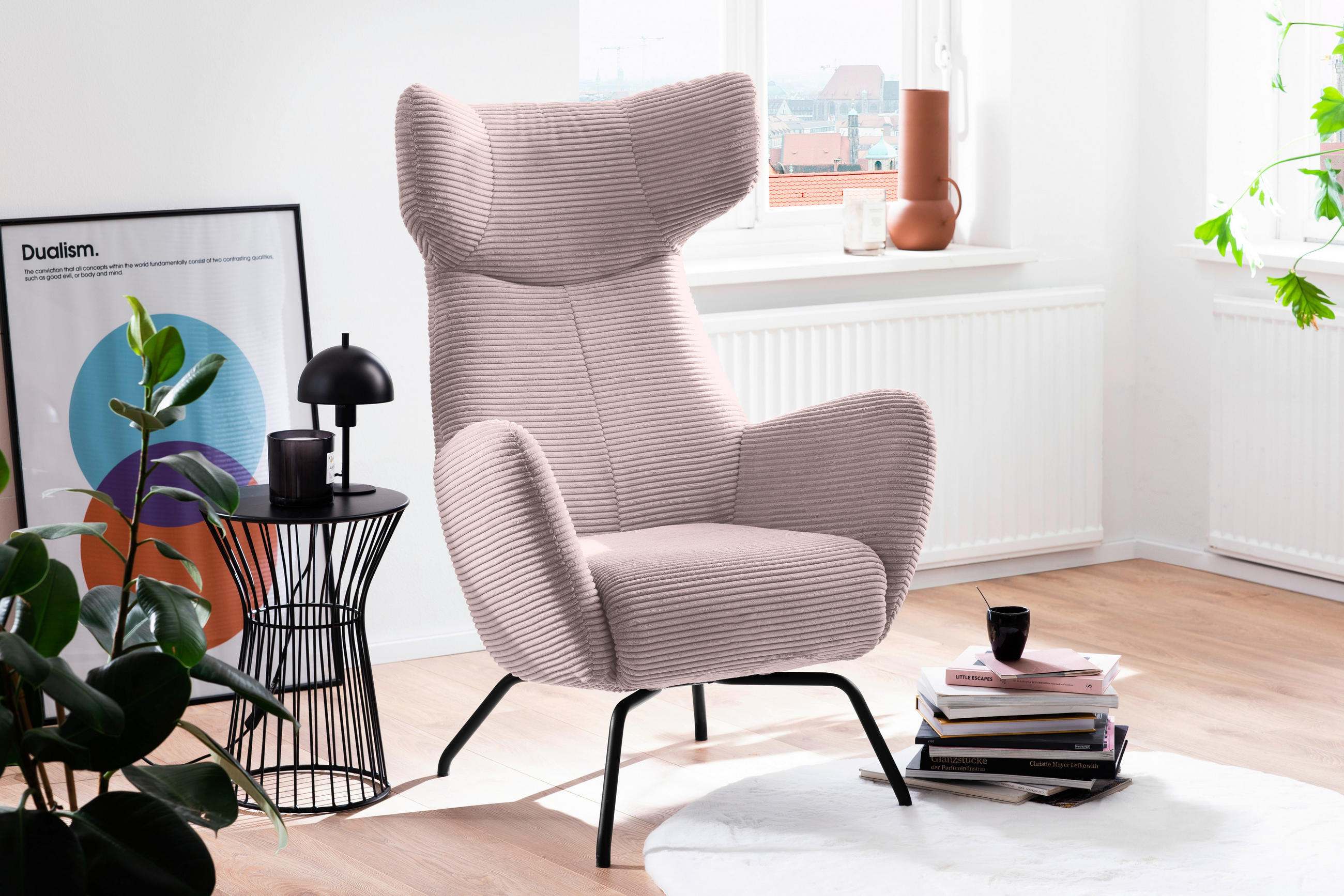 OHRENSESSEL Cord Rosa    - Schwarz/Rosa, Design, Textil/Metall (79/117/82cm) - Pure Home Lifestyle
