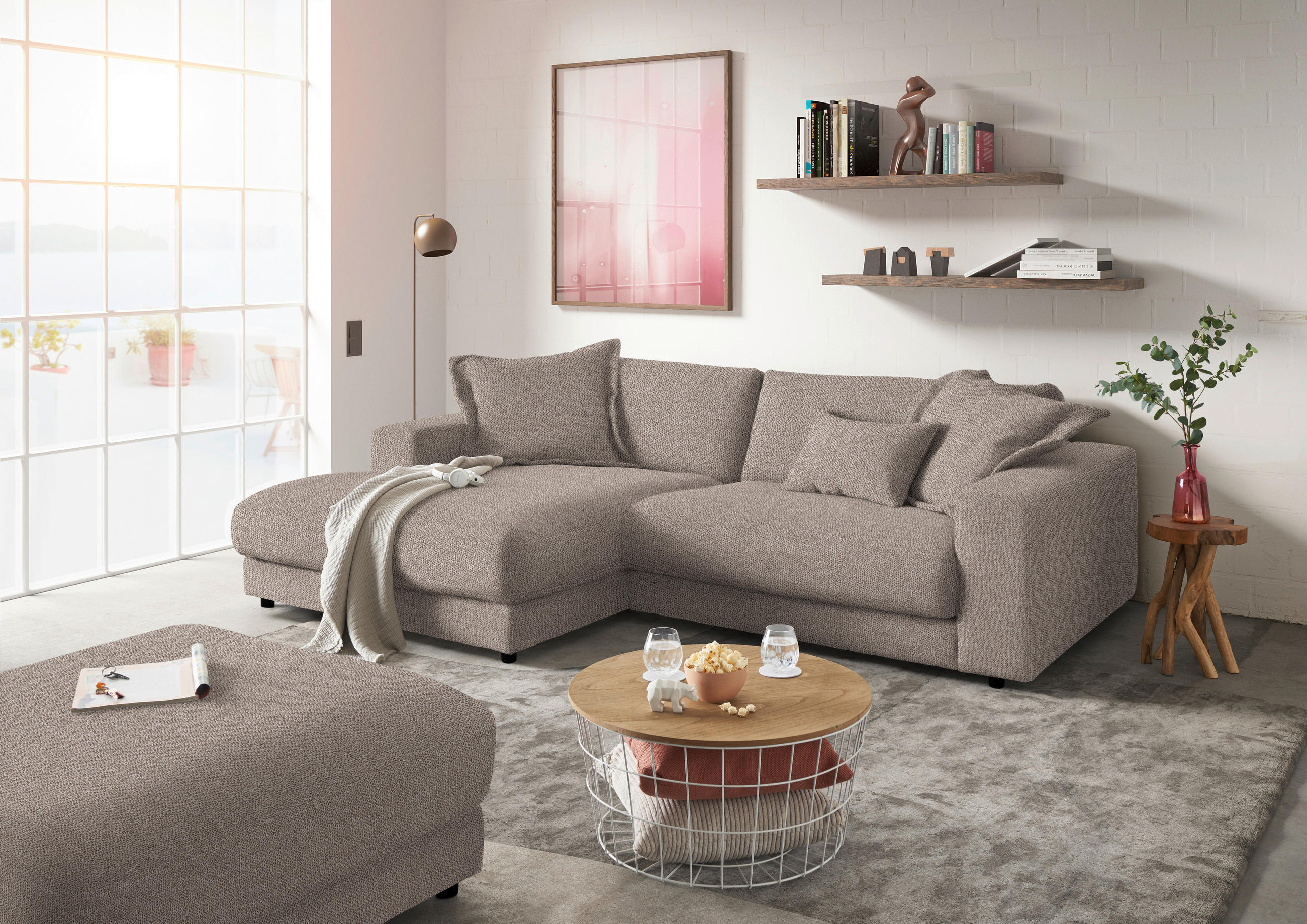 ECKSOFA in Flachgewebe Taupe  - Taupe/Schwarz, Design, Kunststoff/Textil (190/270cm) - Lomoco