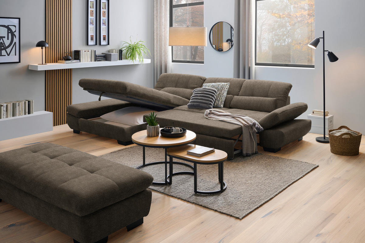 ECKSOFA  in Flachgewebe Braun  204/341 cm  - Schwarz/Braun, Design, Textil/Metall (204/341cm) - Xora