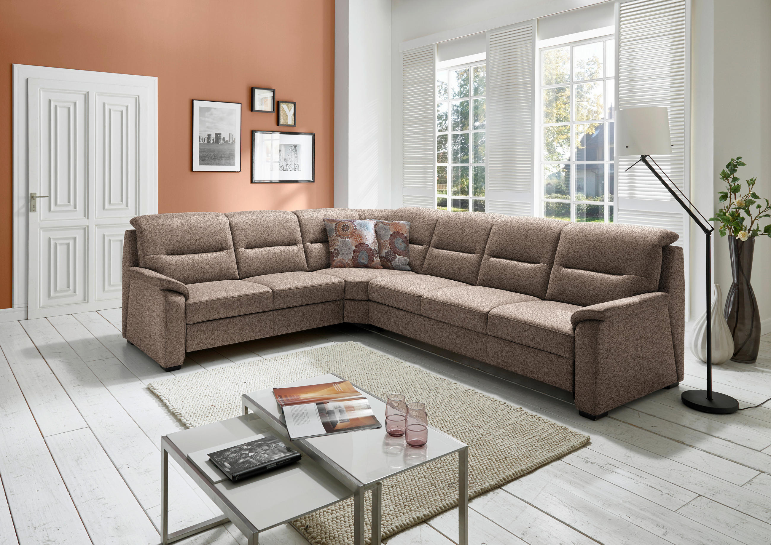ECKSOFA in Mikrofaser Sandfarben  - Sandfarben/Schwarz, Konventionell, Holz/Textil (245/303cm) - Beldomo Comfort