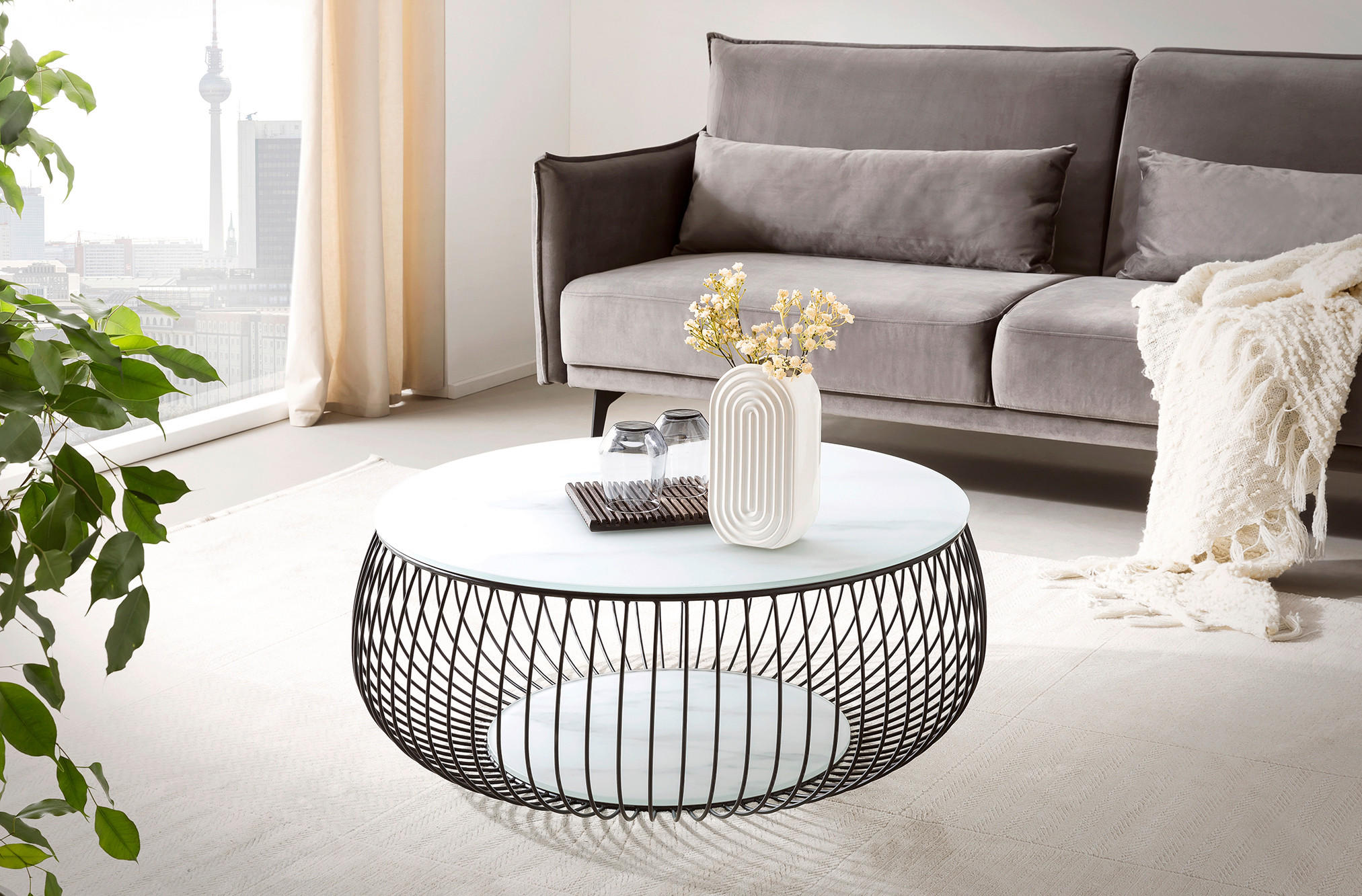 COUCHTISCH Klarglas 86/86/35 cm rund Schwarz, Weiß  - Schwarz/Weiß, Design, Glas/Metall (86/86/35cm) - Livetastic