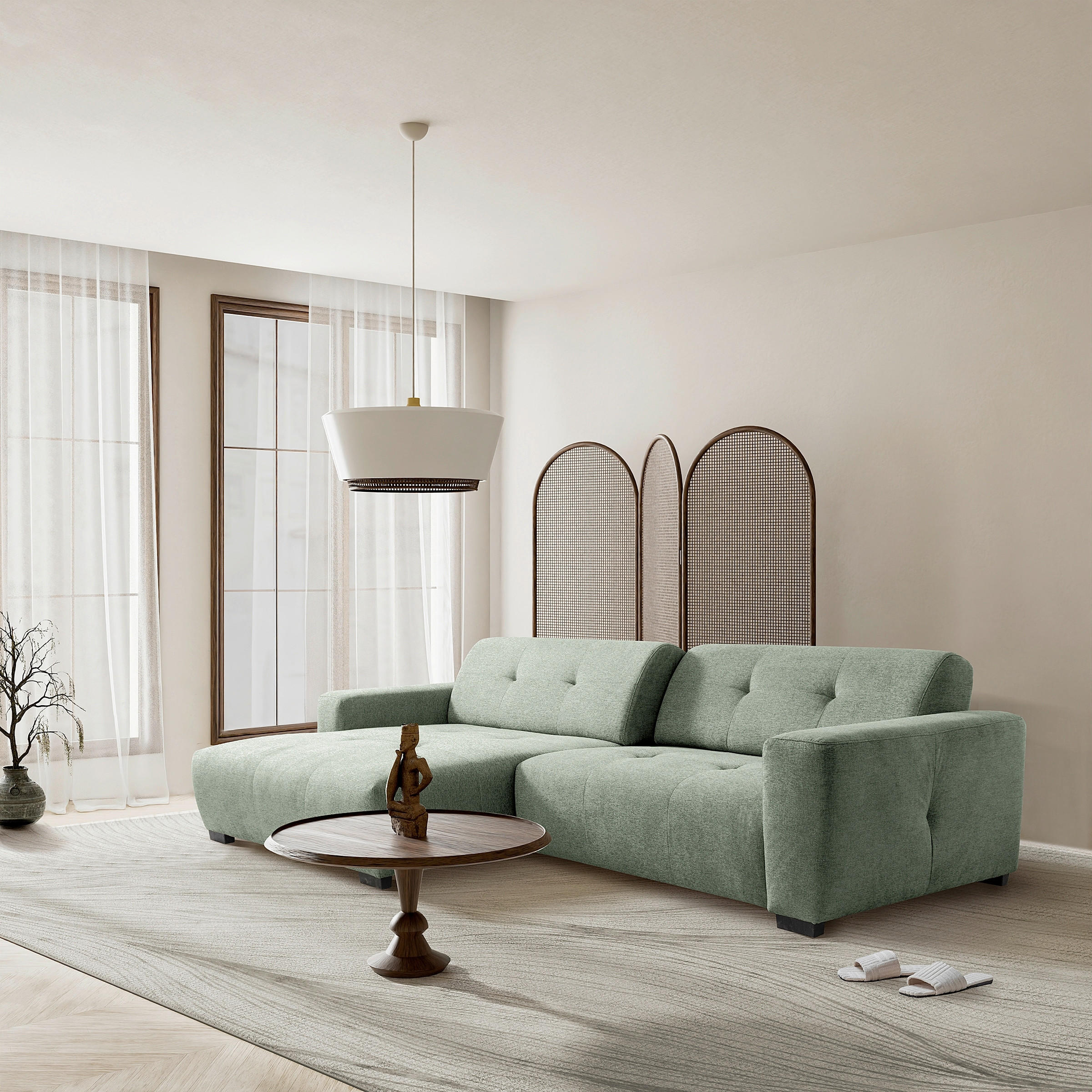 ECKSOFA AUSTIN Salbeigrün Flachgewebe Sitztiefenverstellung  - Salbeigrün/Schwarz, Design, Kunststoff/Textil (169/286cm) - Livetastic