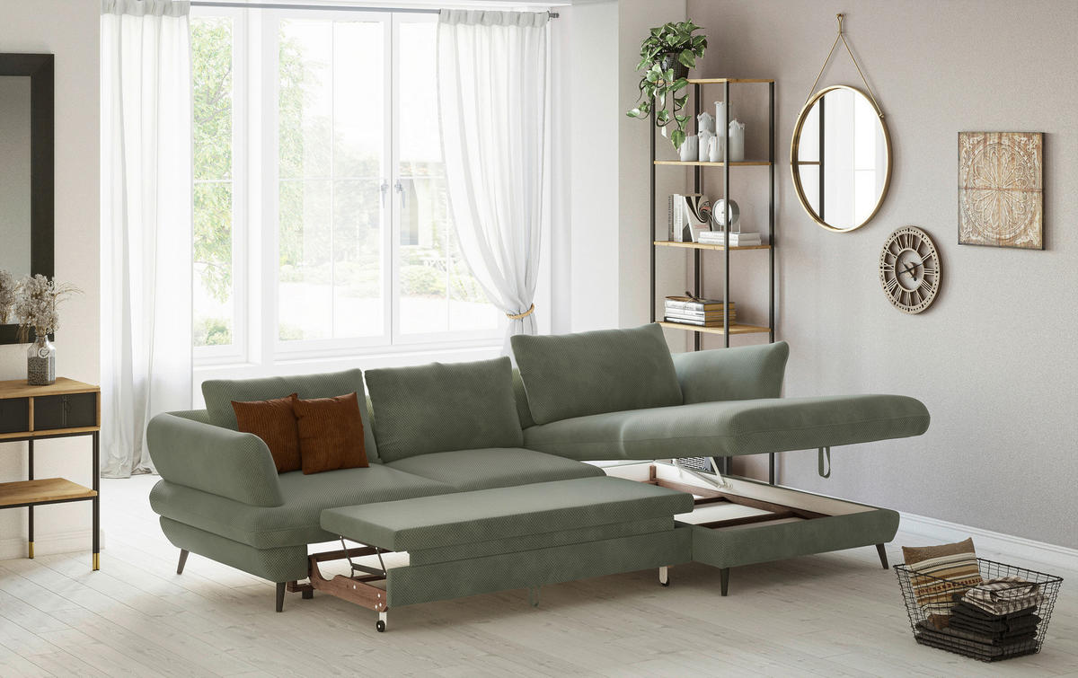 ECKSOFA in Velours Grün  - Schwarz/Grün, Design, Textil/Metall (281/181cm) - Livetastic