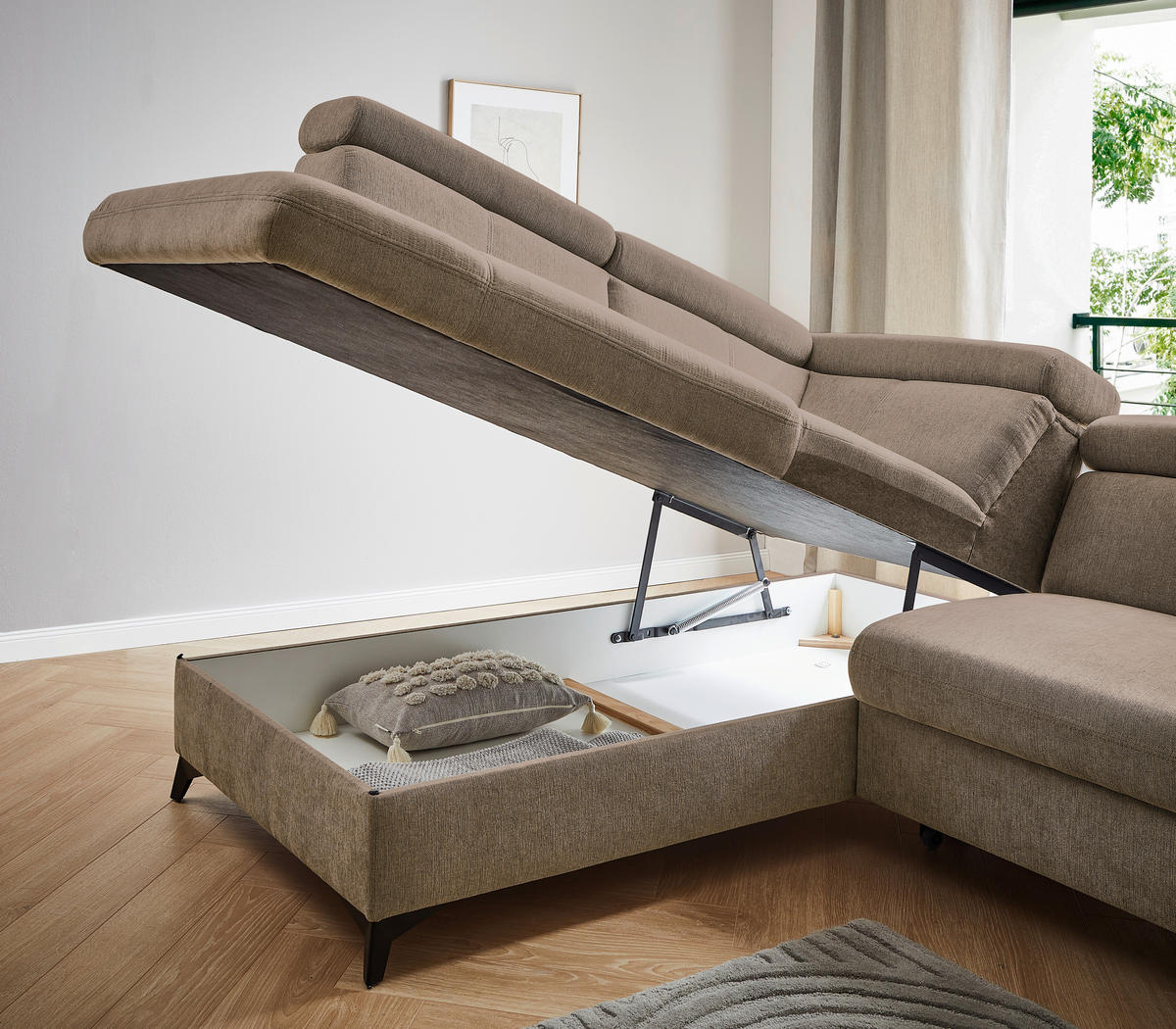 Ecksofa inkl. Funktionen in Chenille Braun, Schlammfarben  - Schlammfarben/Schwarz, Design, Textil/Metall (203/260cm) - Stylife