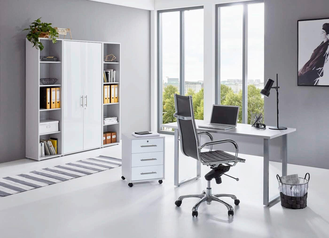 BÜRO erweiterbar, abschließbar Grau, Weiß Hochglanz - Weiß Hochglanz/Grau, MODERN, Holzwerkstoff/Metall - MID.YOU