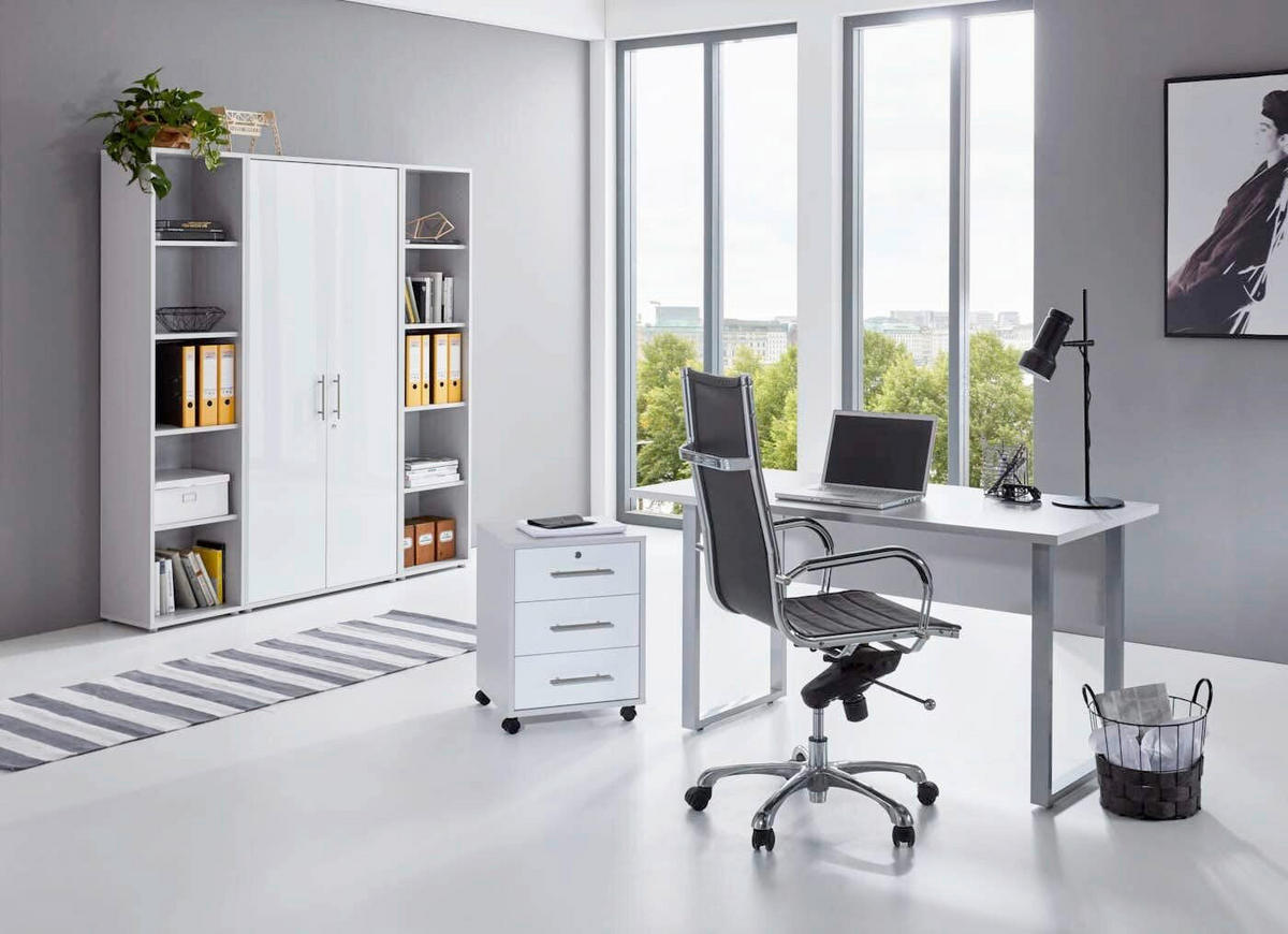 BÜRO erweiterbar, abschließbar Grau, Weiß Hochglanz - Weiß Hochglanz/Grau, MODERN, Holzwerkstoff/Metall - MID.YOU
