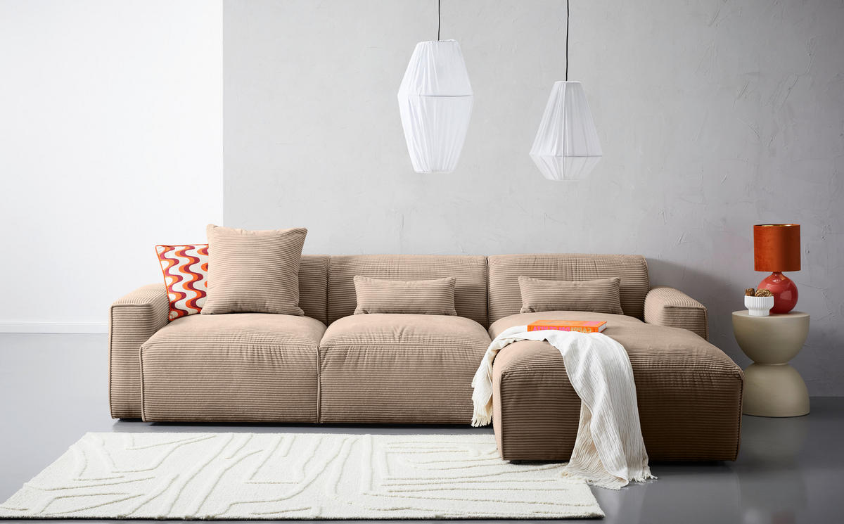 ECKSOFA Hellbraun Cord  - Hellbraun/Schwarz, Design, Kunststoff/Textil (303/196cm) - Livetastic