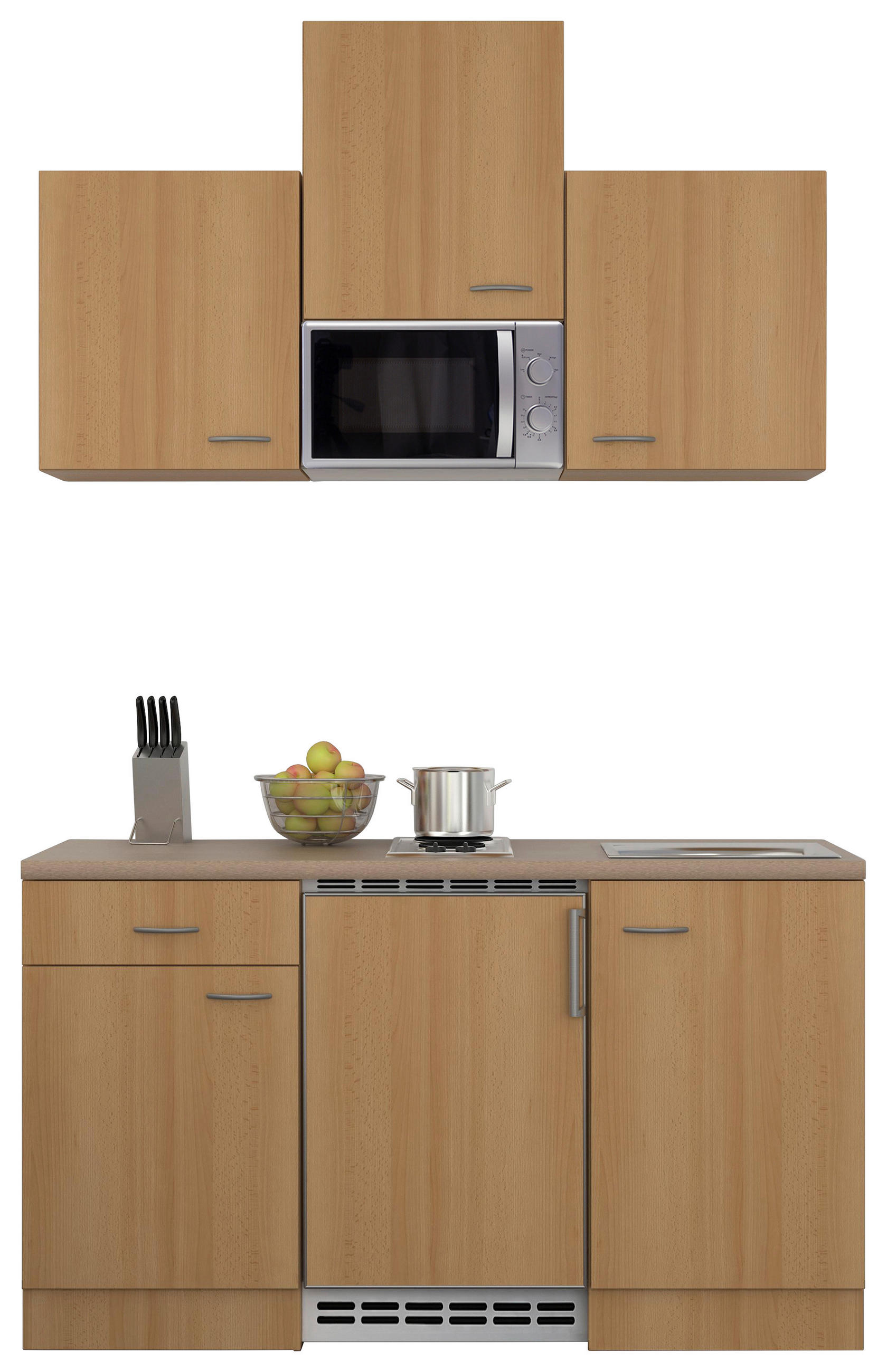 MINIKÜCHE 150 cm   in Buchefarben  - Edelstahlfarben/Beige, MODERN, Holzwerkstoff/Kunststoff (150cm) - FlexWell