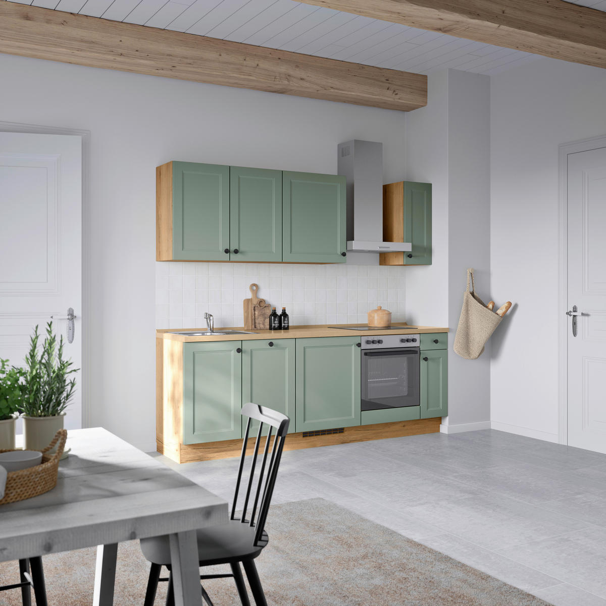 BUCĂTĂRIE FĂRĂ ELECTROCASNICE  - verde/culoare lemn stejar, Modern, metal/material pe bază de lemn (240cm) - Nobilia