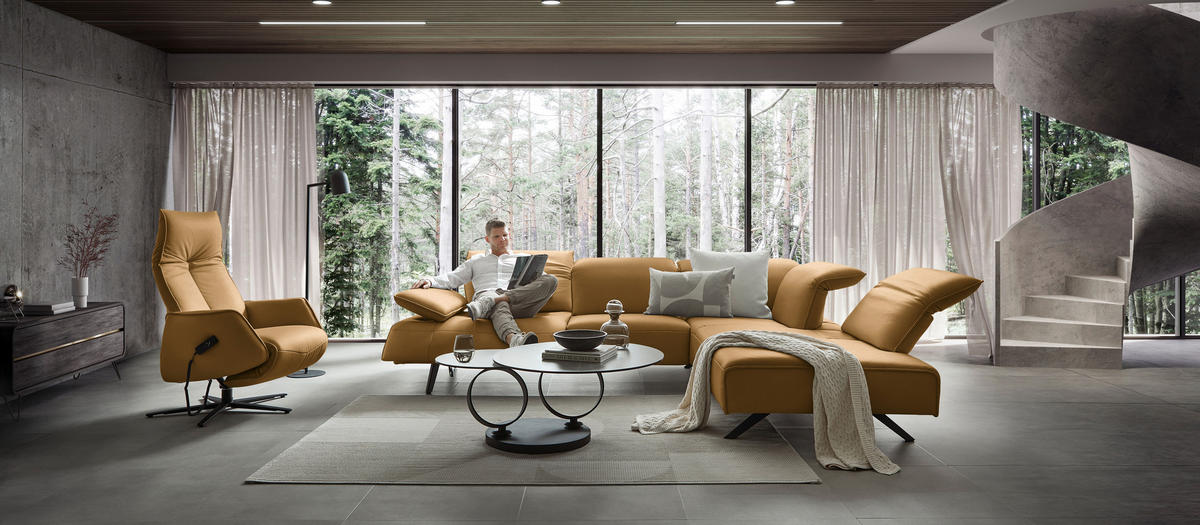 ECKSOFA  in Echtleder Currygelb  290/230 cm  - Currygelb/Anthrazit, Design, Leder/Metall (290/230cm) - Johann Jakob