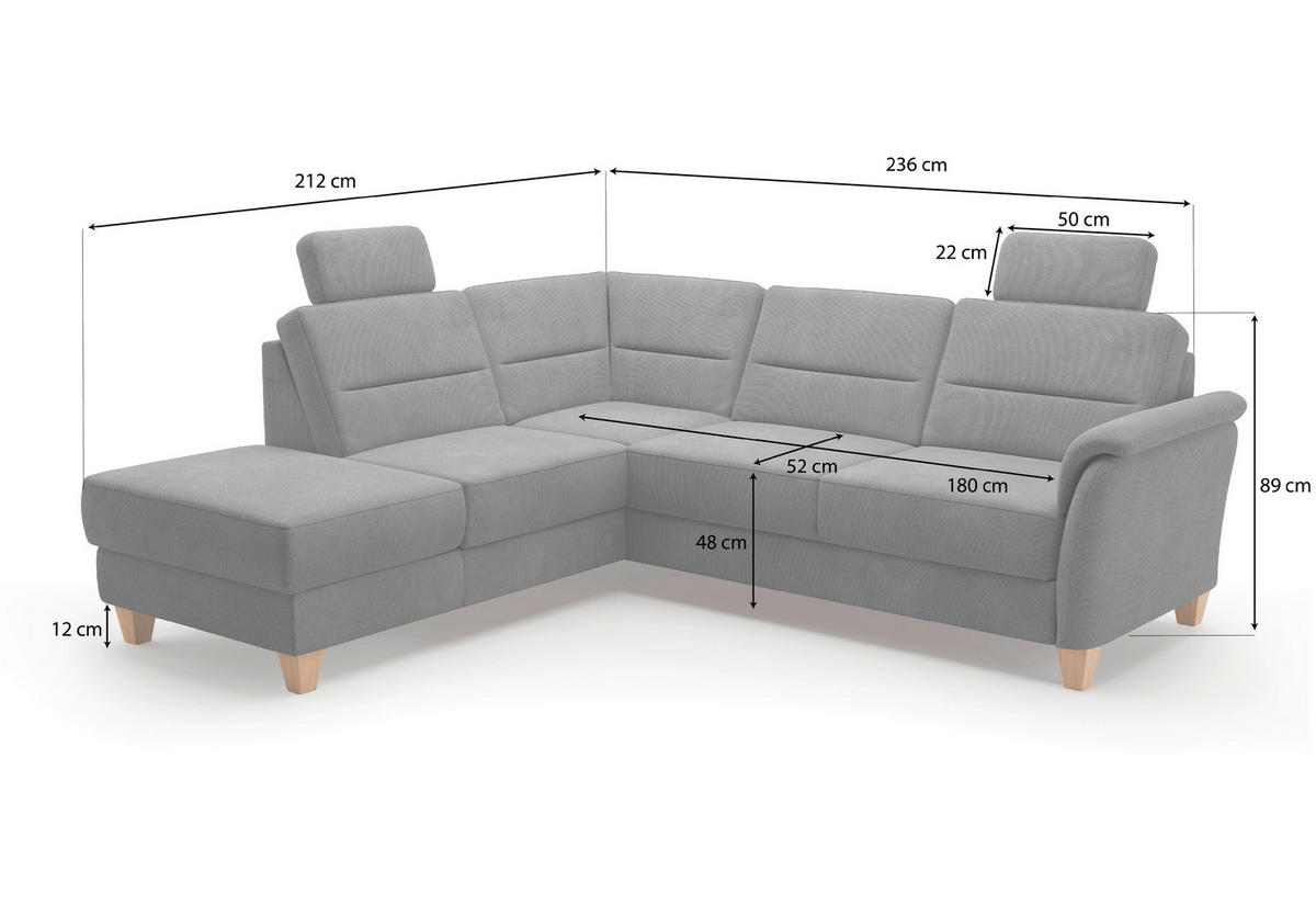ECKSOFA in Flachgewebe Silberfarben  212/236 cm  - Eichefarben/Silberfarben, KONVENTIONELL, Holz/Textil (212/236cm) - Sit & More