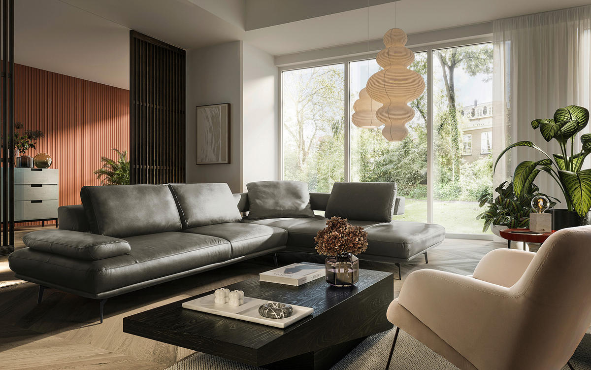 ECKSOFA  in Echtleder Grau  306/237 cm  - Schwarz/Grau, Design, Leder/Metall (306/237cm) - Livetastic