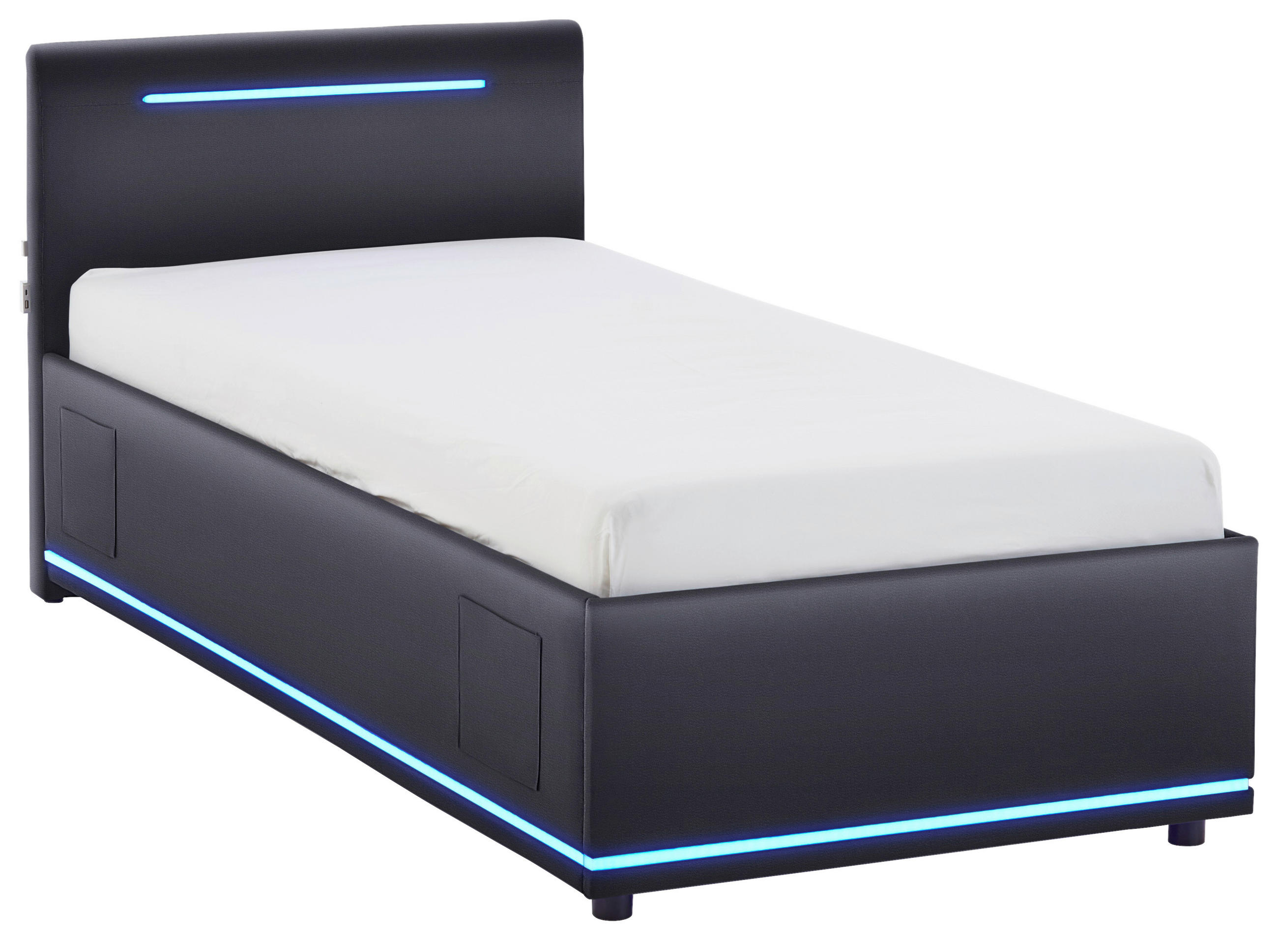 POLSTERBETT 90/200 cm,  in Schwarz, Beleuchtung, Lattenrost, Bettkasten,  - Birkefarben/Buchefarben, Design, Holz/Kunststoff (90/200cm) - Xora