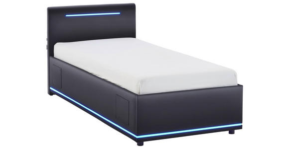 POLSTERBETT 90/200 cm,  in Schwarz, Beleuchtung, Lattenrost, Bettkasten,  - Birkefarben/Buchefarben, Design, Holz/Kunststoff (90/200cm) - Xora