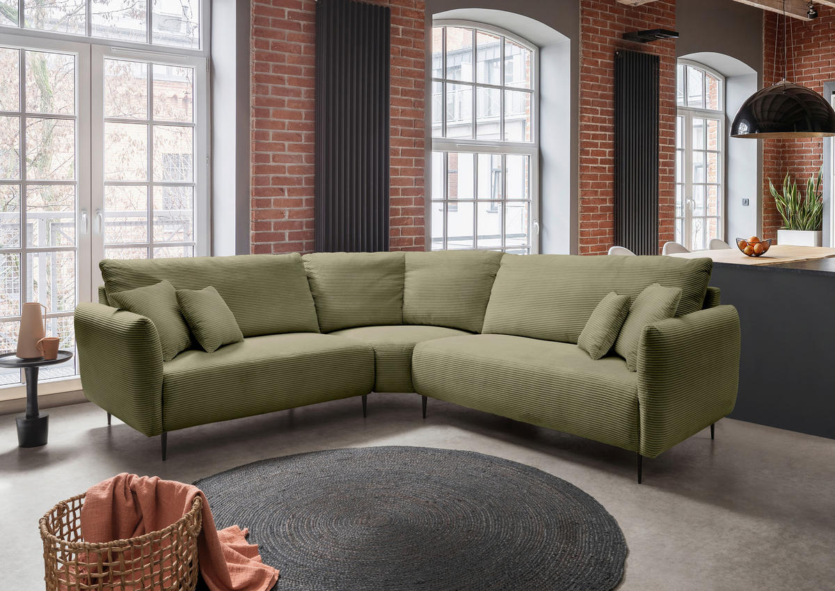 ECKSOFA in Cord Olivgrün  - Schwarz/Olivgrün, Design, Textil/Metall (256/256cm) - Livetastic
