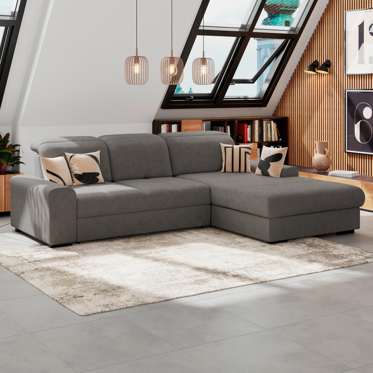 ECKSOFA Anthrazit Chenille Rücken echt, Kopfteilverstellung  - Anthrazit/Schwarz, KONVENTIONELL, Holz/Textil (286/203cm) - MID.YOU