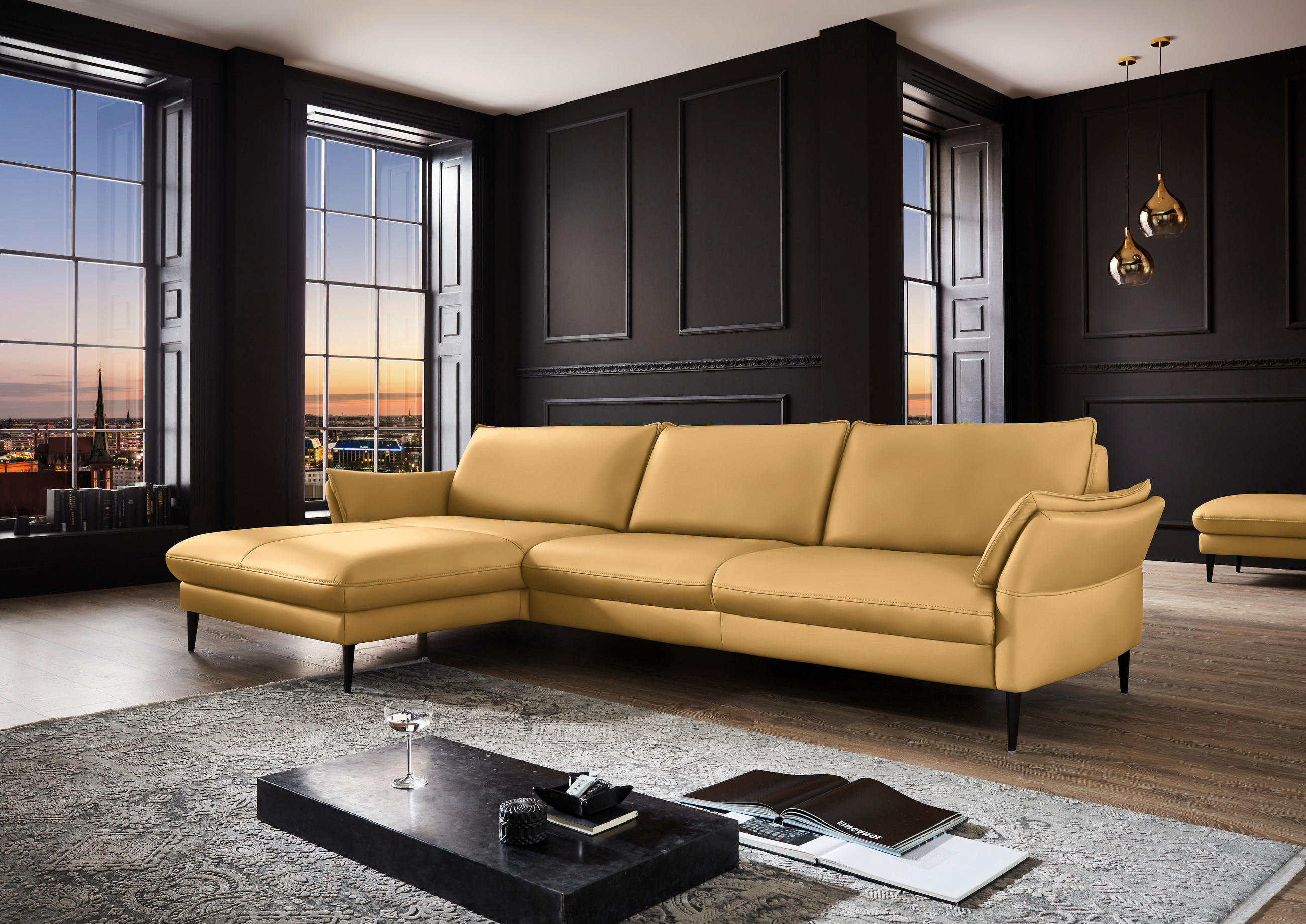 ECKSOFA in Echtleder Gelb  - Gelb/Schwarz, Design, Leder/Metall (172/334cm) - Hukla